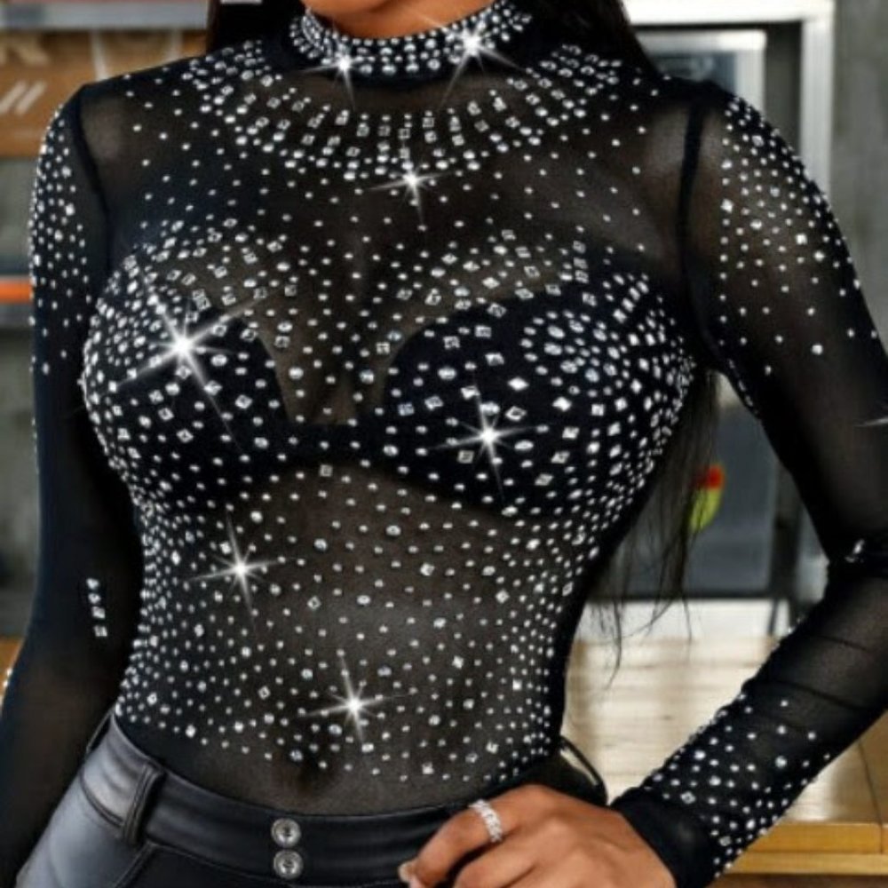 Black Rhinestone Bodysuit